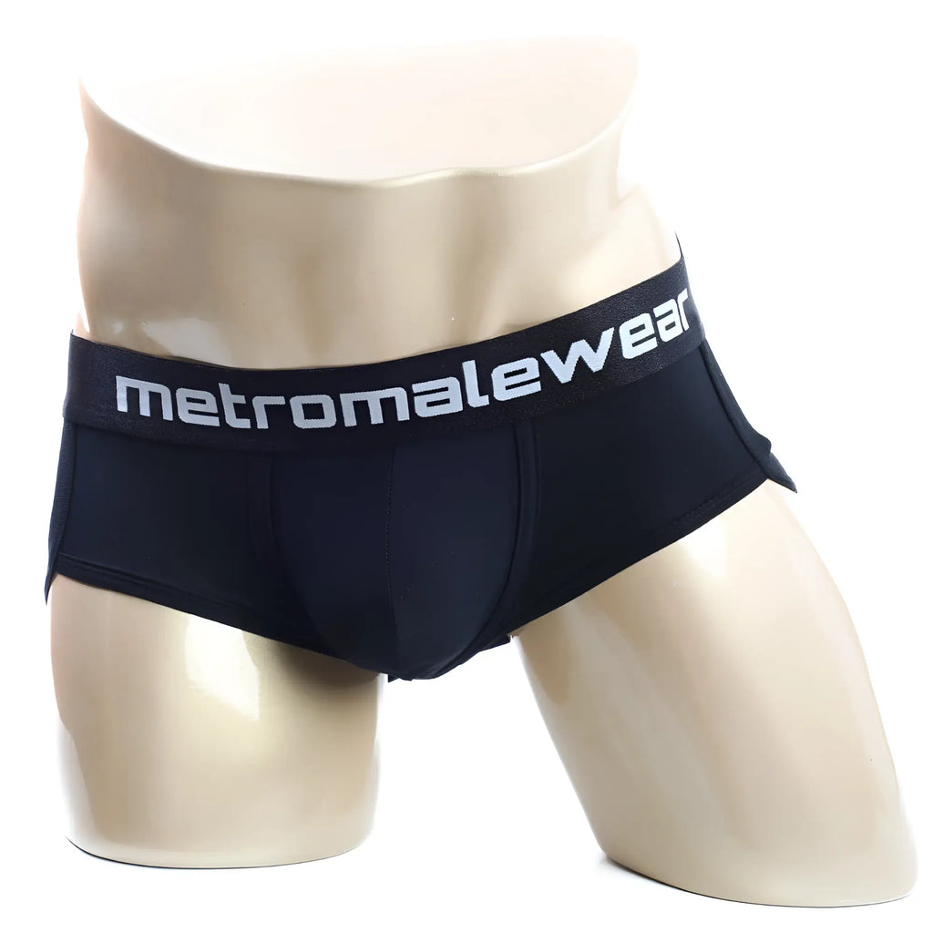 Black men’s briefs metroMaleWear Palma boxer jock black with white logo on elastic waistband front view