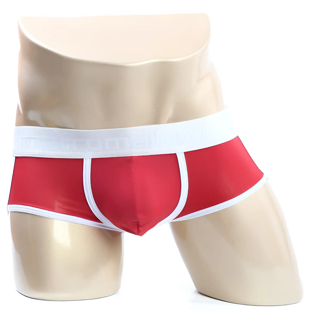 Red briefs with white trim and subtle textured waistband from MetroMaleWear Palma Boxer Jock Red 1413-12