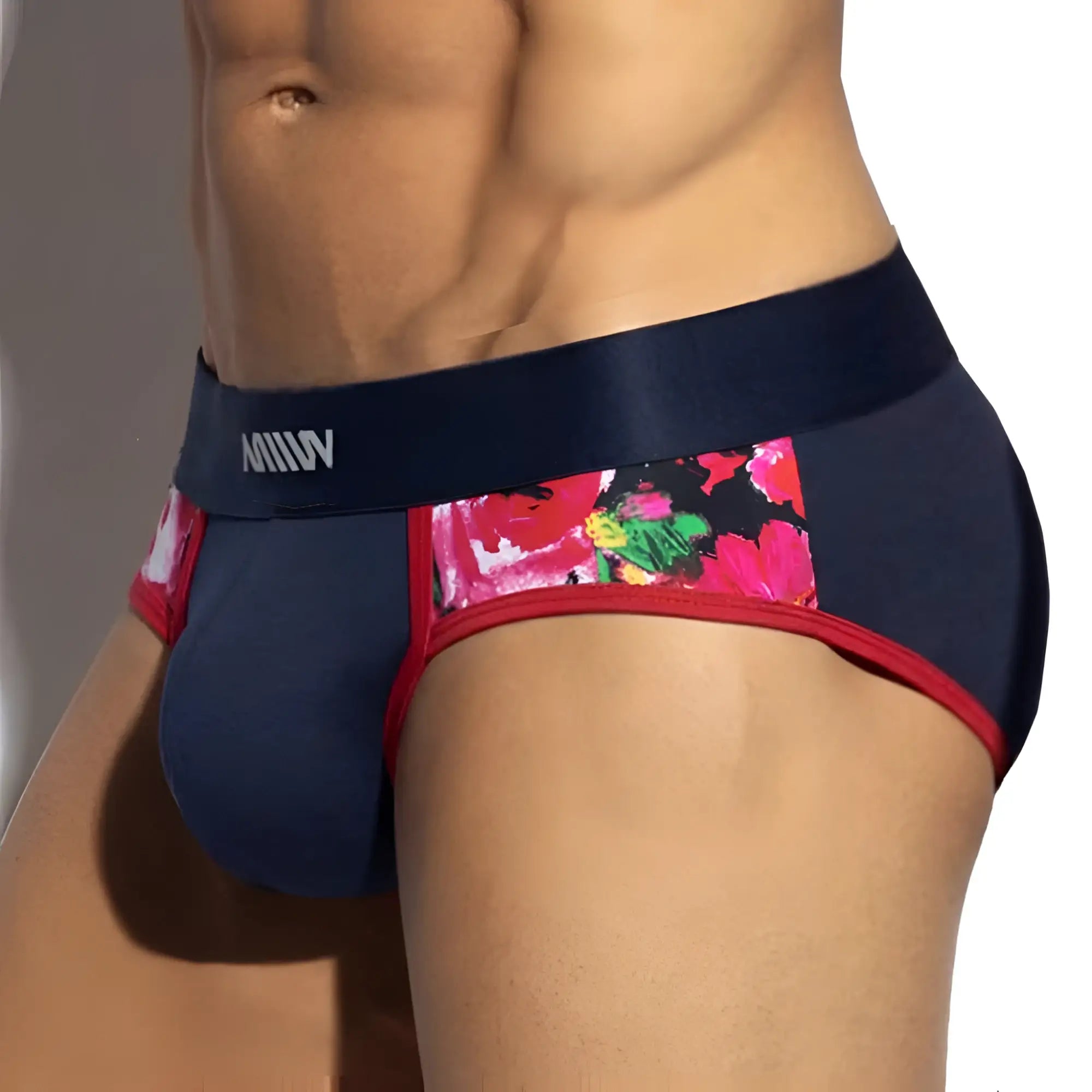 Navy blue MetroMaleWear panel bikini briefs with vibrant floral side panel red trim and satin waistband