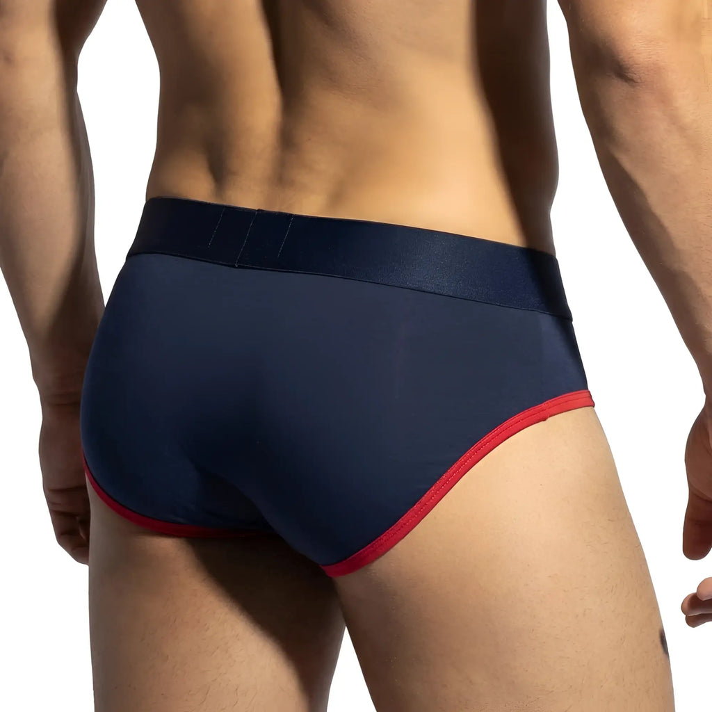 Navy blue MetroMaleWear panel bikini briefs with red trim and smooth stretchy fabric waistband