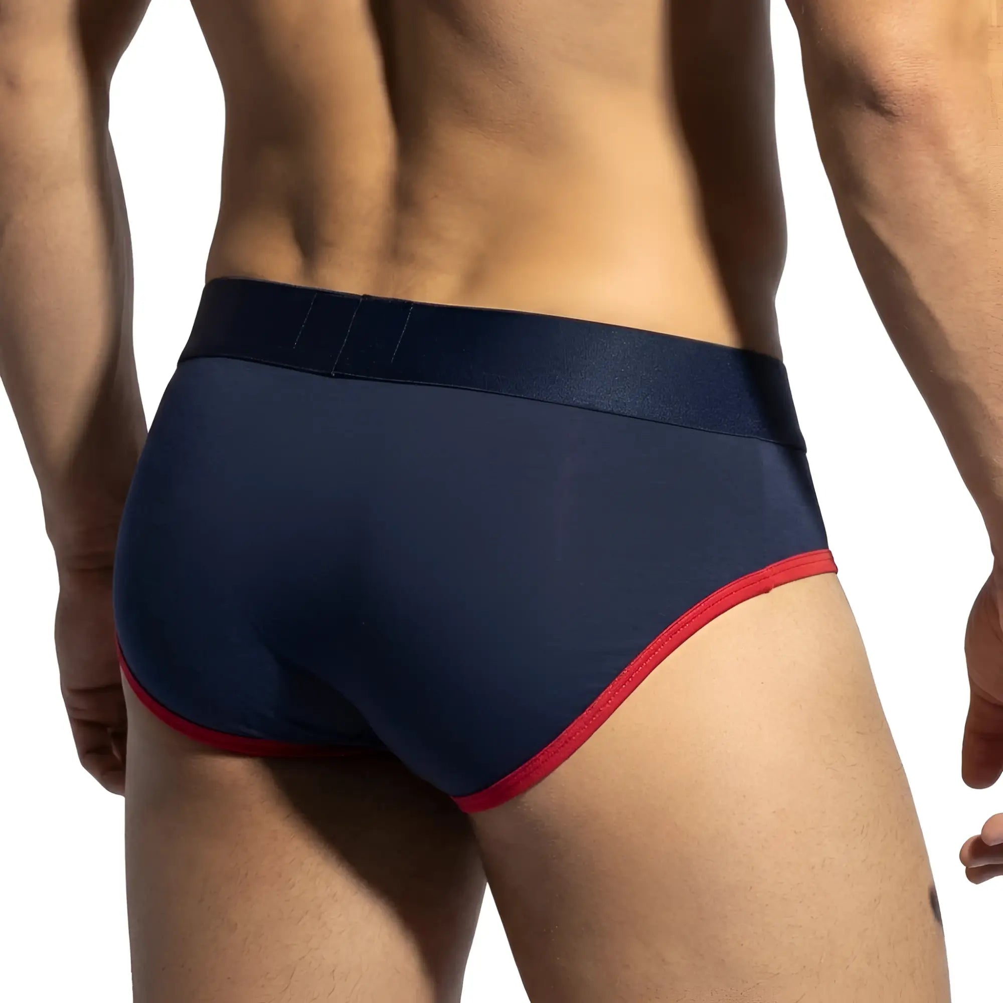 Navy blue MetroMaleWear panel bikini briefs with red trim and smooth stretchy fabric waistband