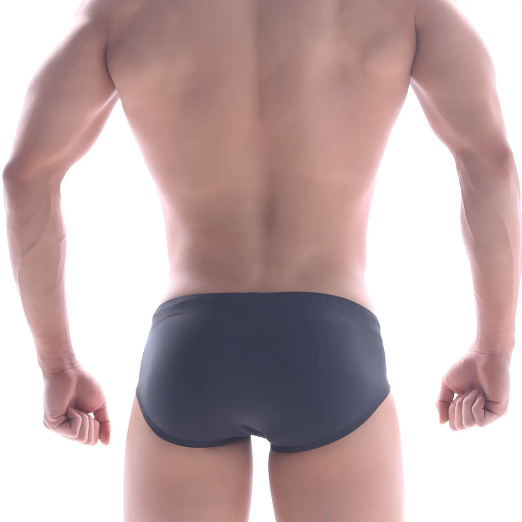 Dark gray form-fitting metroMalewear panel swim brief made of smooth stretchy fabric for comfortable swim use