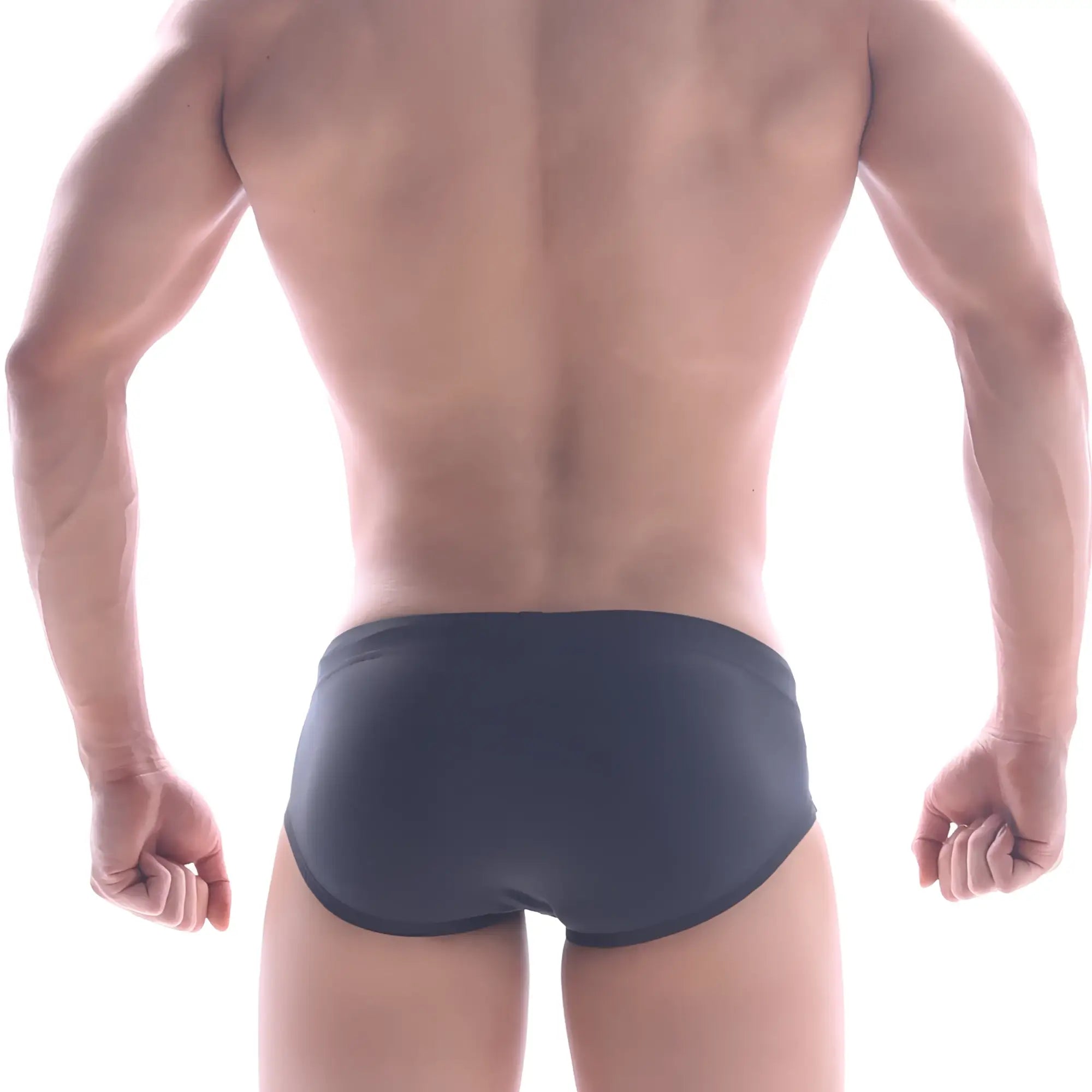 Dark gray form-fitting metroMalewear panel swim brief made of smooth stretchy fabric for comfortable swim use
