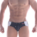 Navy blue and white MetroMaleWear panel swim brief with drawstring waistband and small red logo on the side