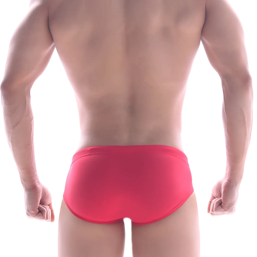 Bright red metroMalewear panel swim brief with smooth, form-fitting design ideal for swimming and beachwear