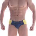 MetroMaleWear panel swim brief navy 4935-28 featuring blue and yellow swim trunks with black drawstring waistband