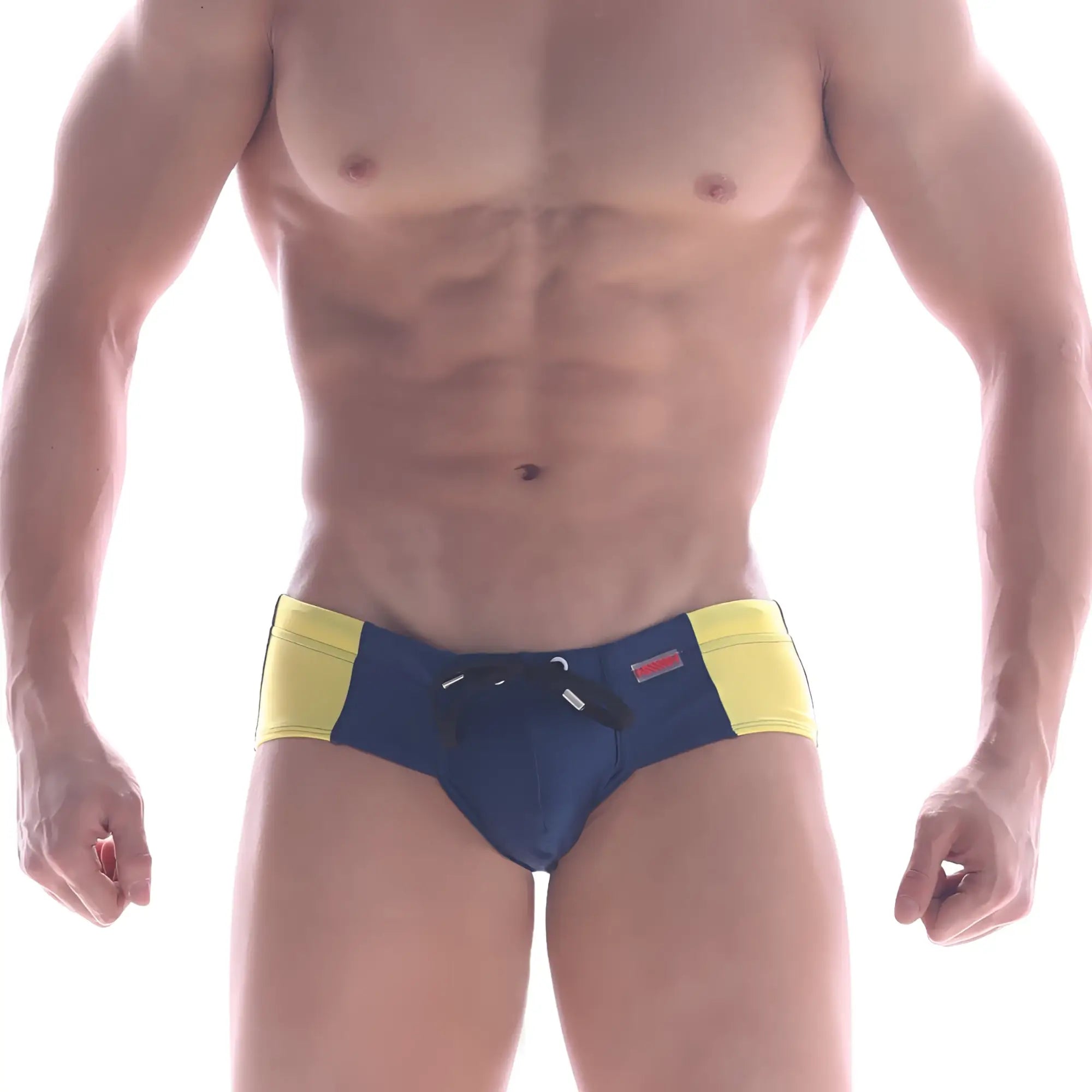 MetroMaleWear panel swim brief navy 4935-28 featuring blue and yellow swim trunks with black drawstring waistband