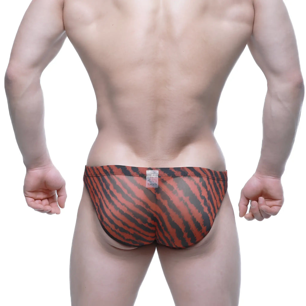 Orange and black tiger-striped men’s briefs metroMalewear pard bikini 5103-M76 with comfortable fabric