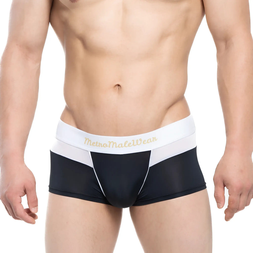 Black and white athletic briefs with gold metro male wear logo on waistband metro malewear parisienne short boxer