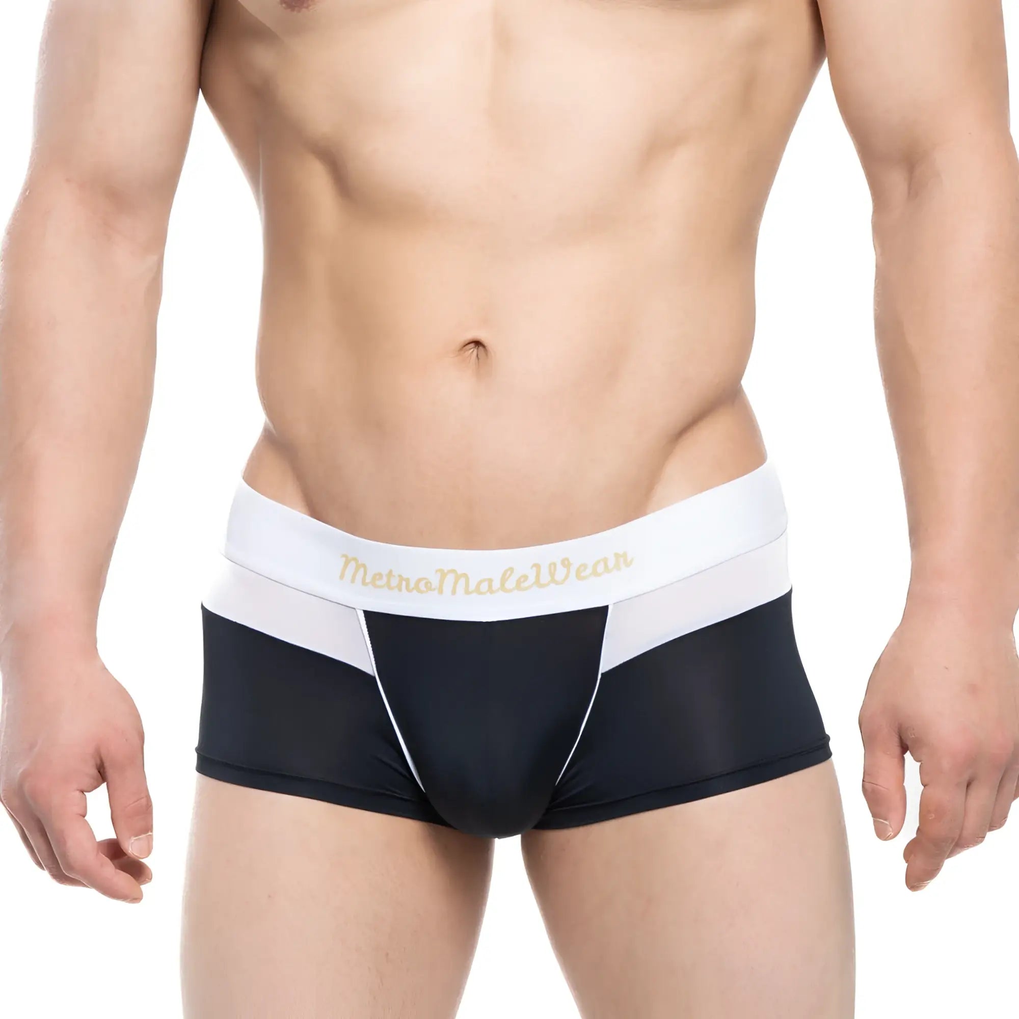Black and white athletic briefs with gold metro male wear logo on waistband metro malewear parisienne short boxer