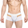 White men’s briefs with tan accent stripe and gold metromalewear branding on waistband metroMaleWear Parisienne short boxer