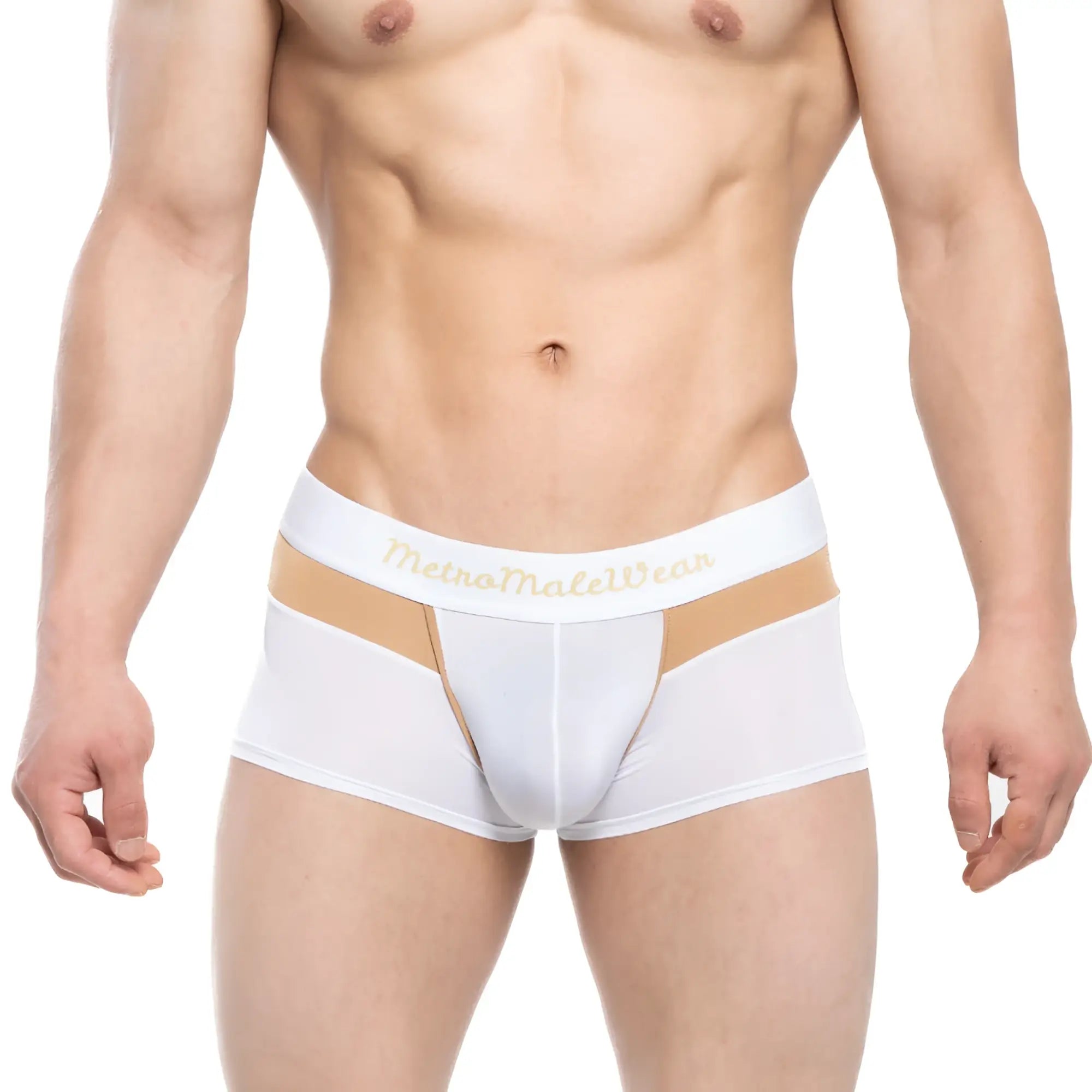 White men’s briefs with tan accent stripe and gold metromalewear branding on waistband metroMaleWear Parisienne short boxer