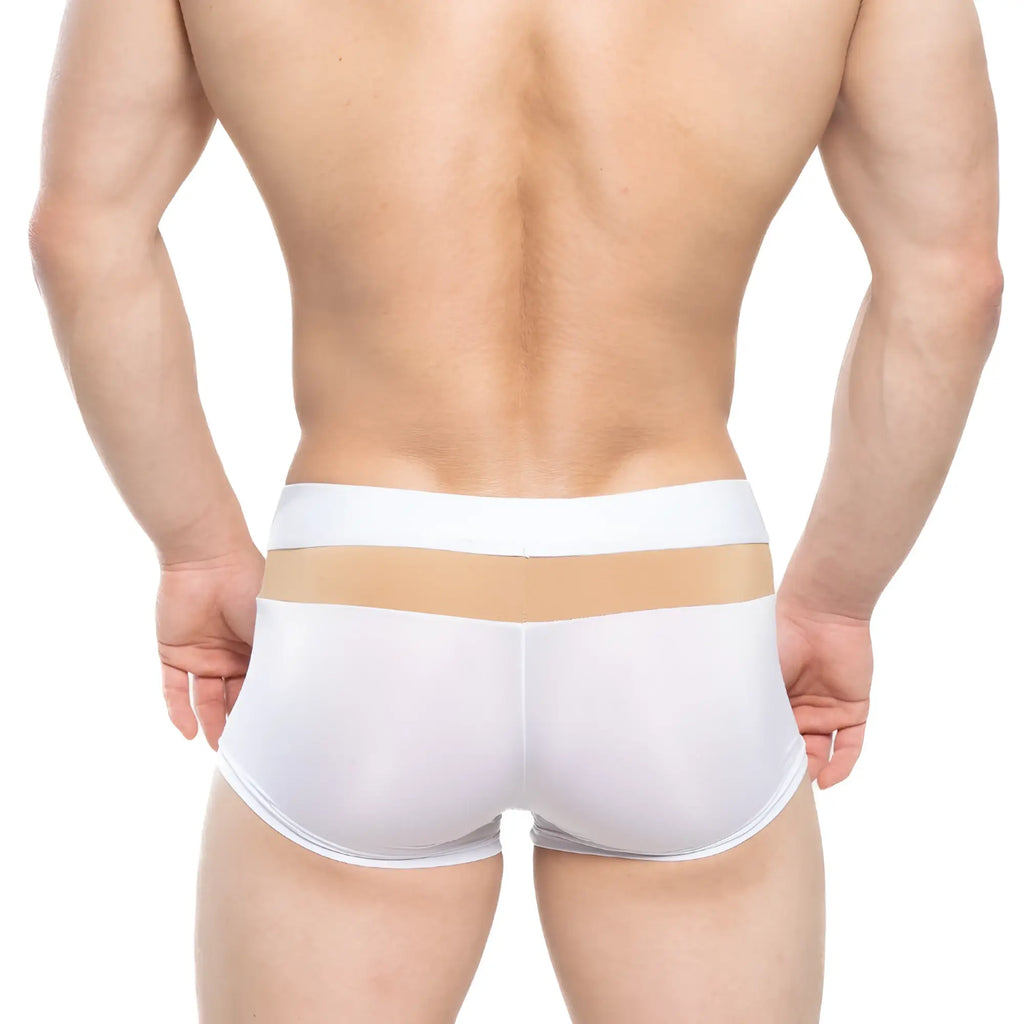 MetroMaleWear Parisienne short boxer white translucent briefs with beige horizontal stripe on waistband front view