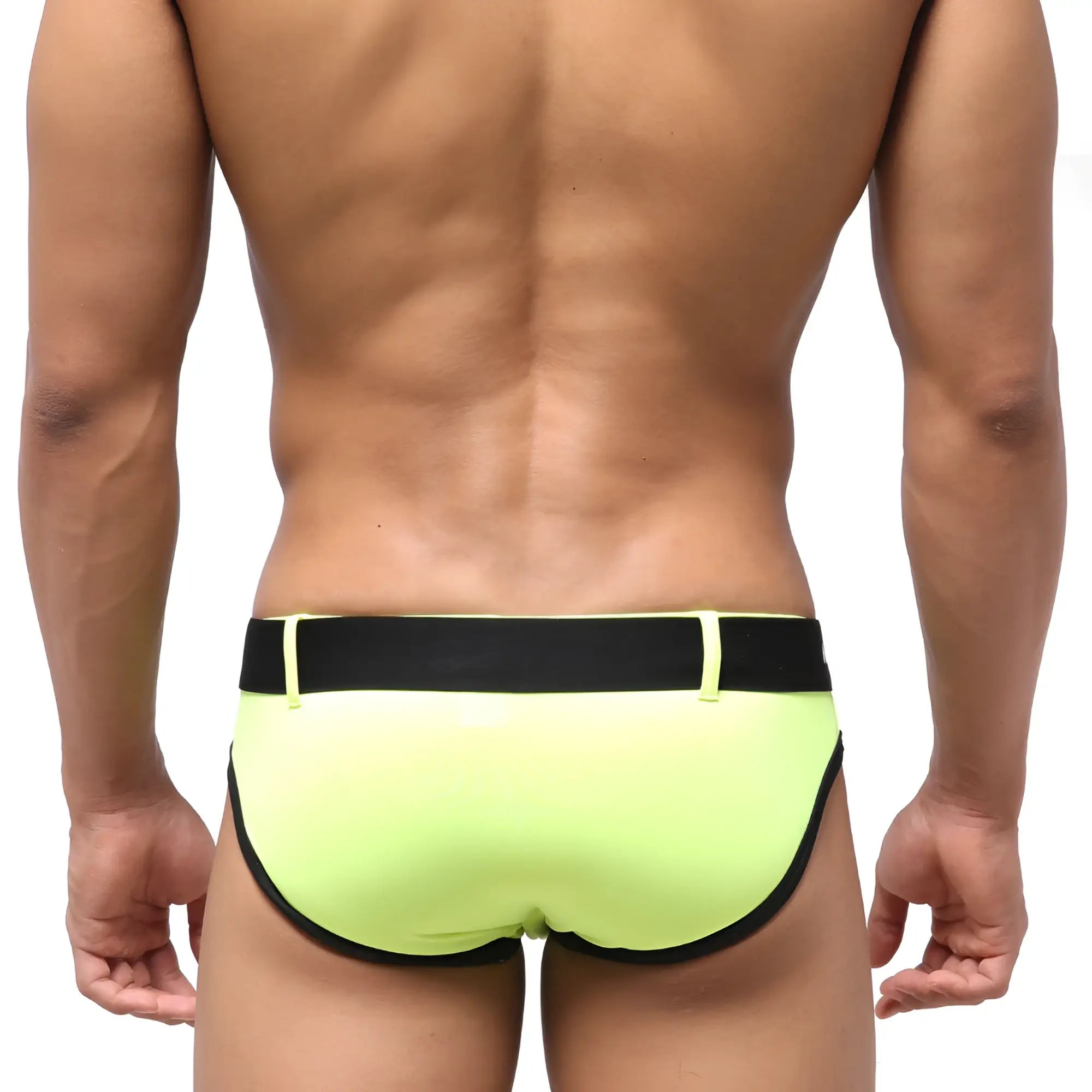 Neon green swim trunks with black elastic waistband and trim by MetroMaleWear Patagonia for swimming and beachwear
