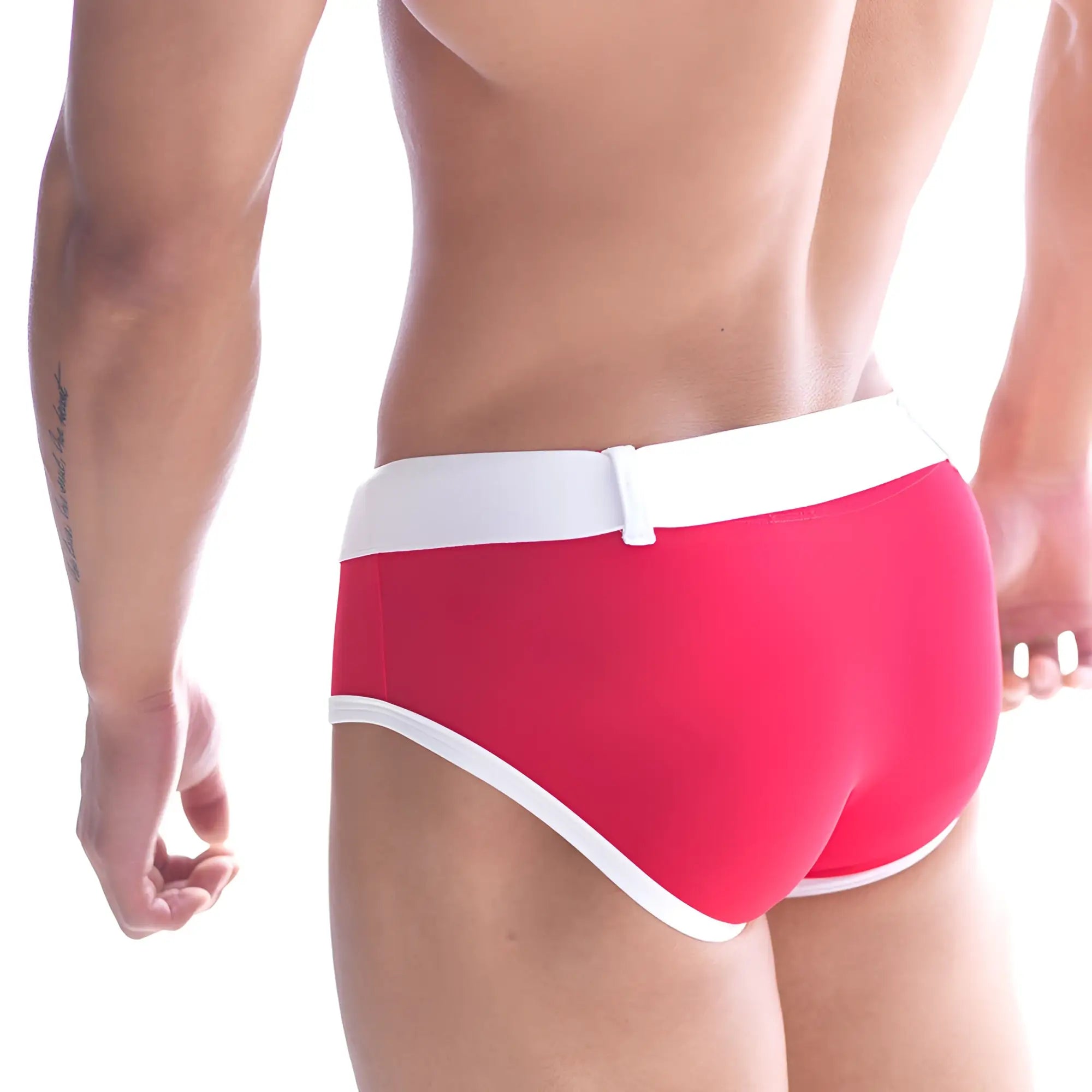 Red and white MetroMaleWear Patagonia swim briefs with sleek form-fitting design ideal for men’s swimwear