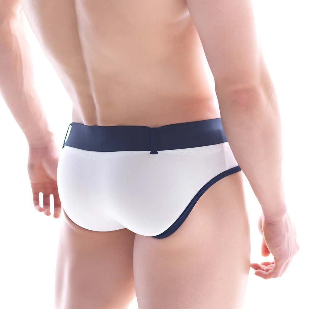 White metro malewear patagonia swim brief with navy blue waistband and trim designed for comfortable swimwear use