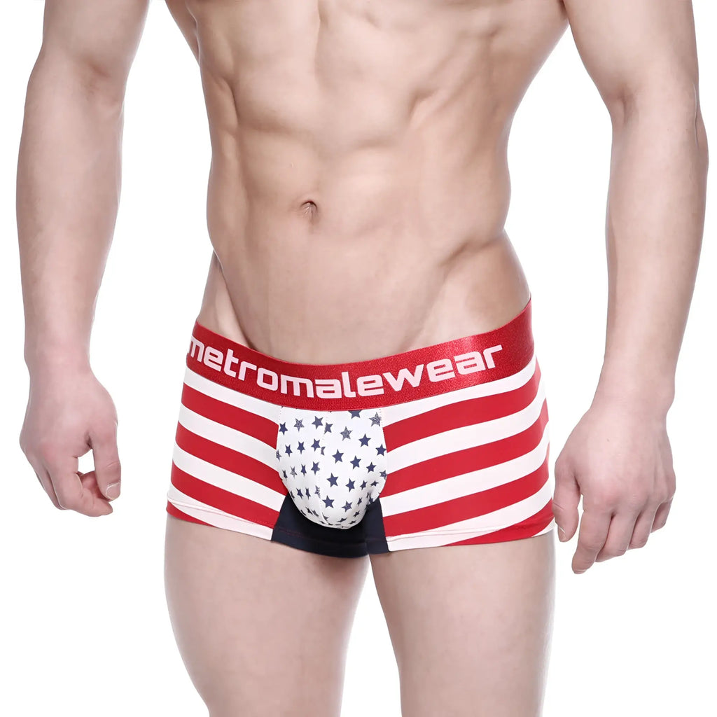 Red and white striped american flag-themed metro malewear patriot short boxer briefs with star pouch and branded waistband