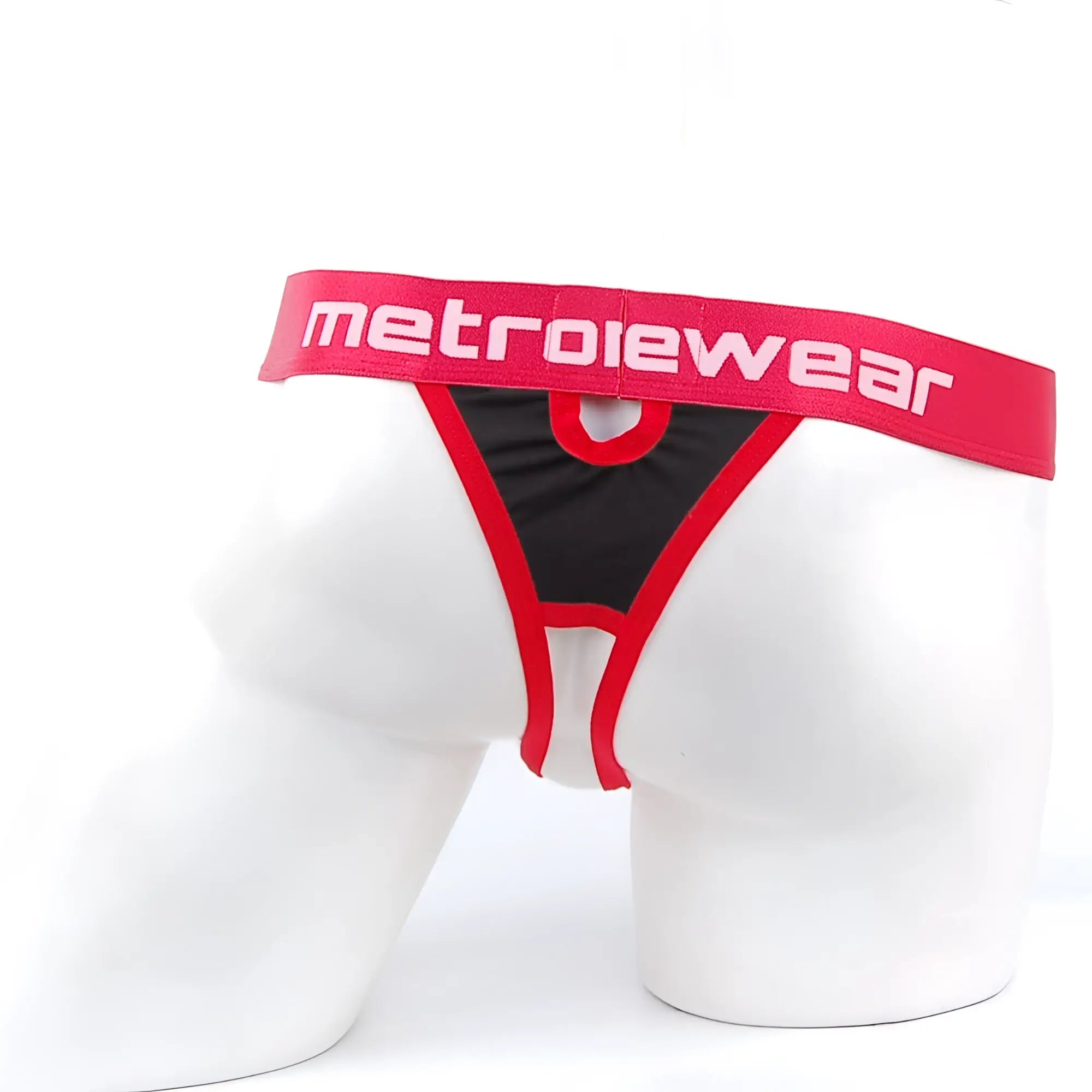 MetroMalewear peek-a-boo thong black 2232-20 red and black briefs with bold red waistband and white lettering