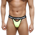 Bright neon yellow metro male wear peek-a-boo thong with black waistband and white logo on the front