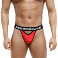 Red and black metromalewear peek-a-boo thong with bold contrasting design showing the back side of the product