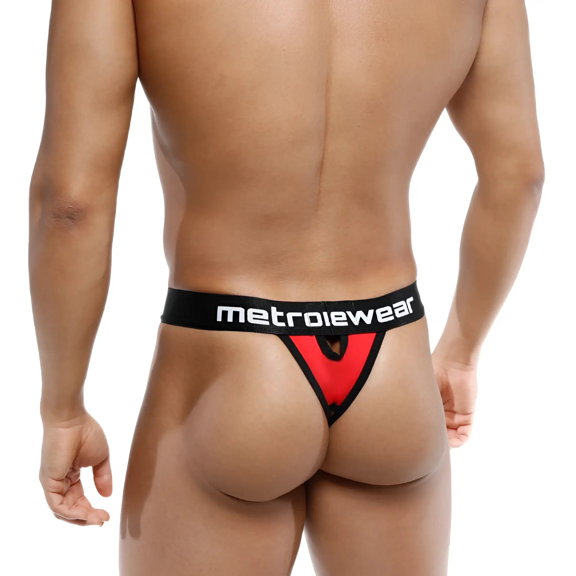 Red and black metroiewear peek-a-boo thong featuring branded waistband shown from the back side