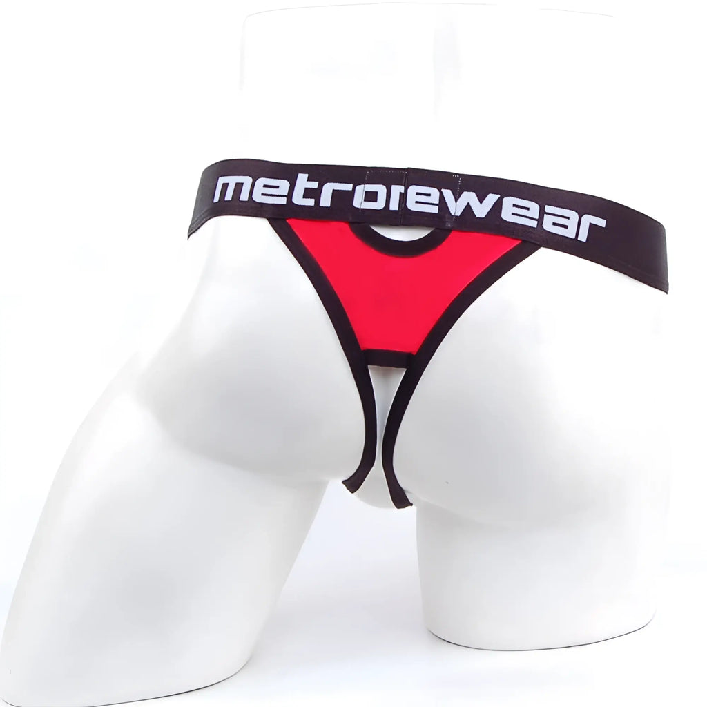MetroMaleWear peek-a-boo thong in red and black metrowear fabric with bold contrasting design front view