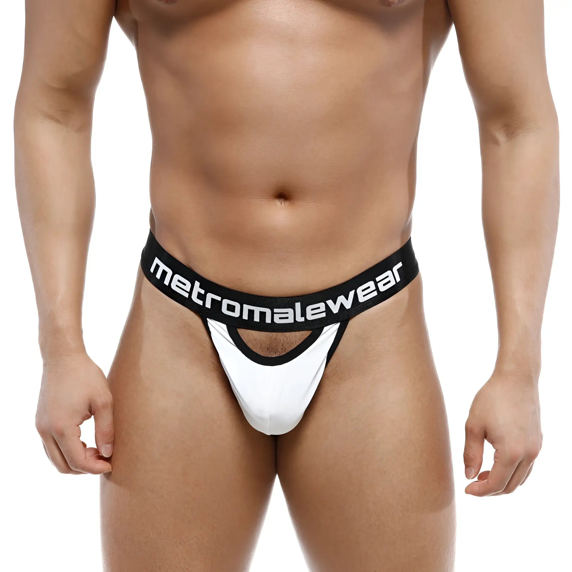 MetroMaleWear peek-a-boo thong white 2232-00 with bold white and black contrasting design, front view