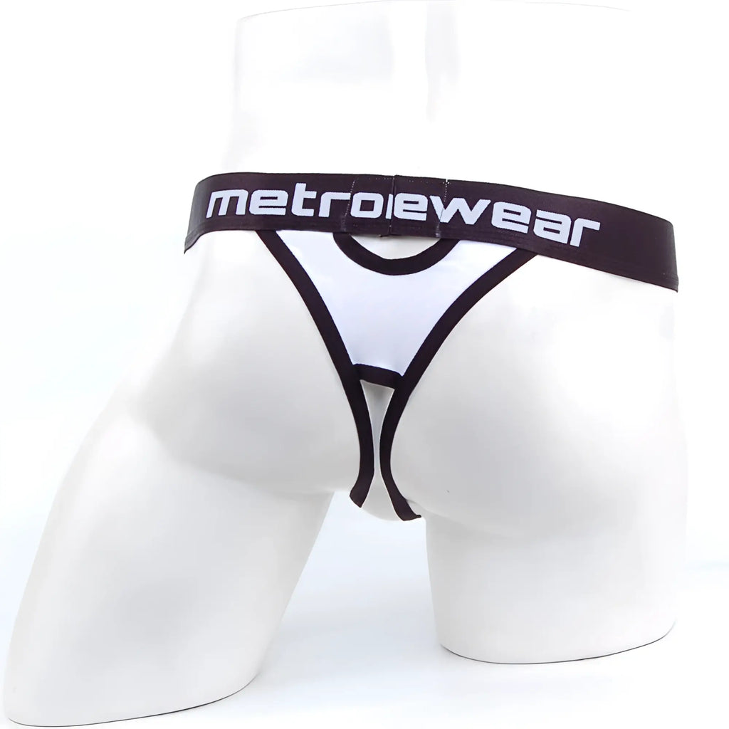 MetroMaleWear peek-a-boo white and black metrowear thong with bold contrasting design shown from the back side