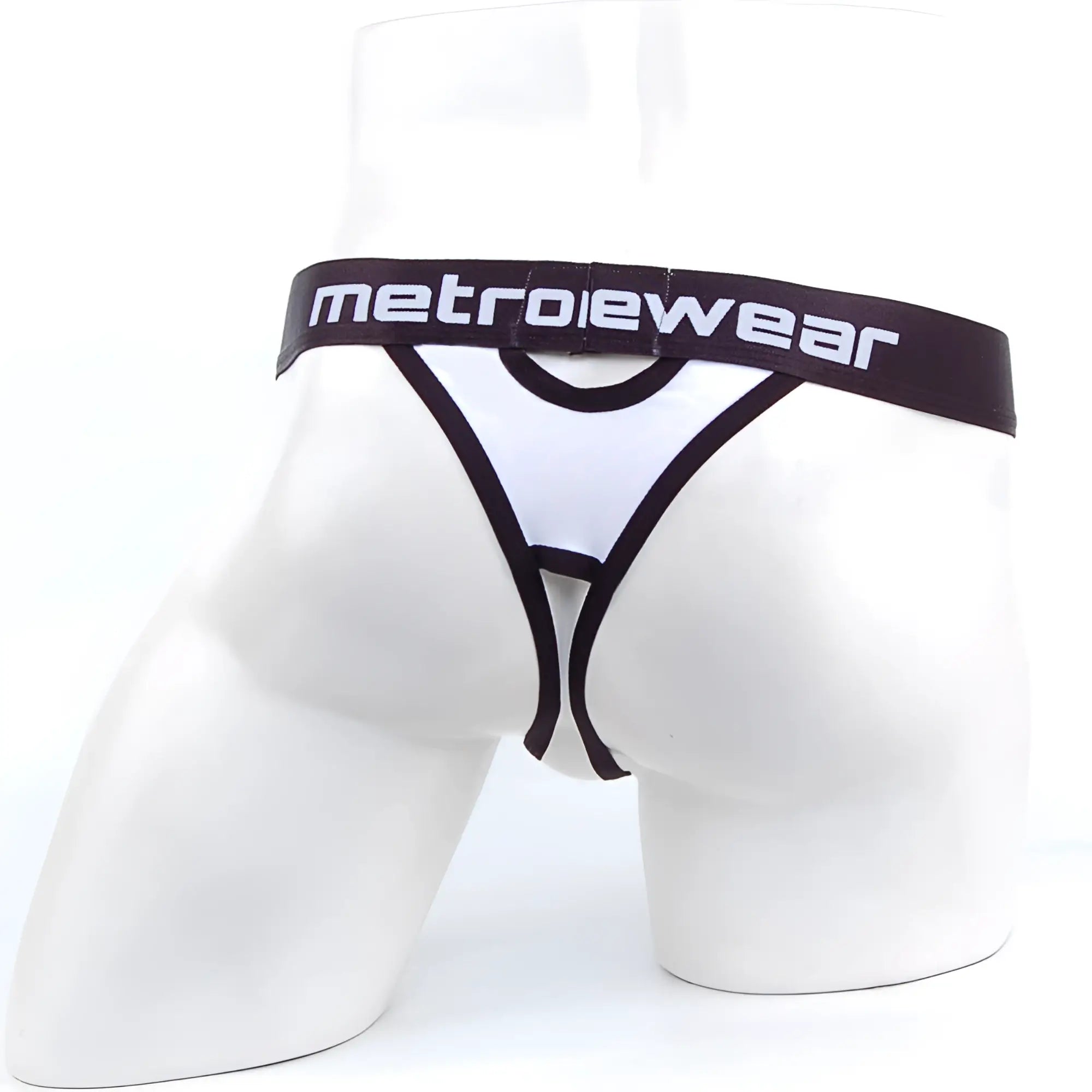 MetroMaleWear peek-a-boo white and black metrowear thong with bold contrasting design shown from the back side