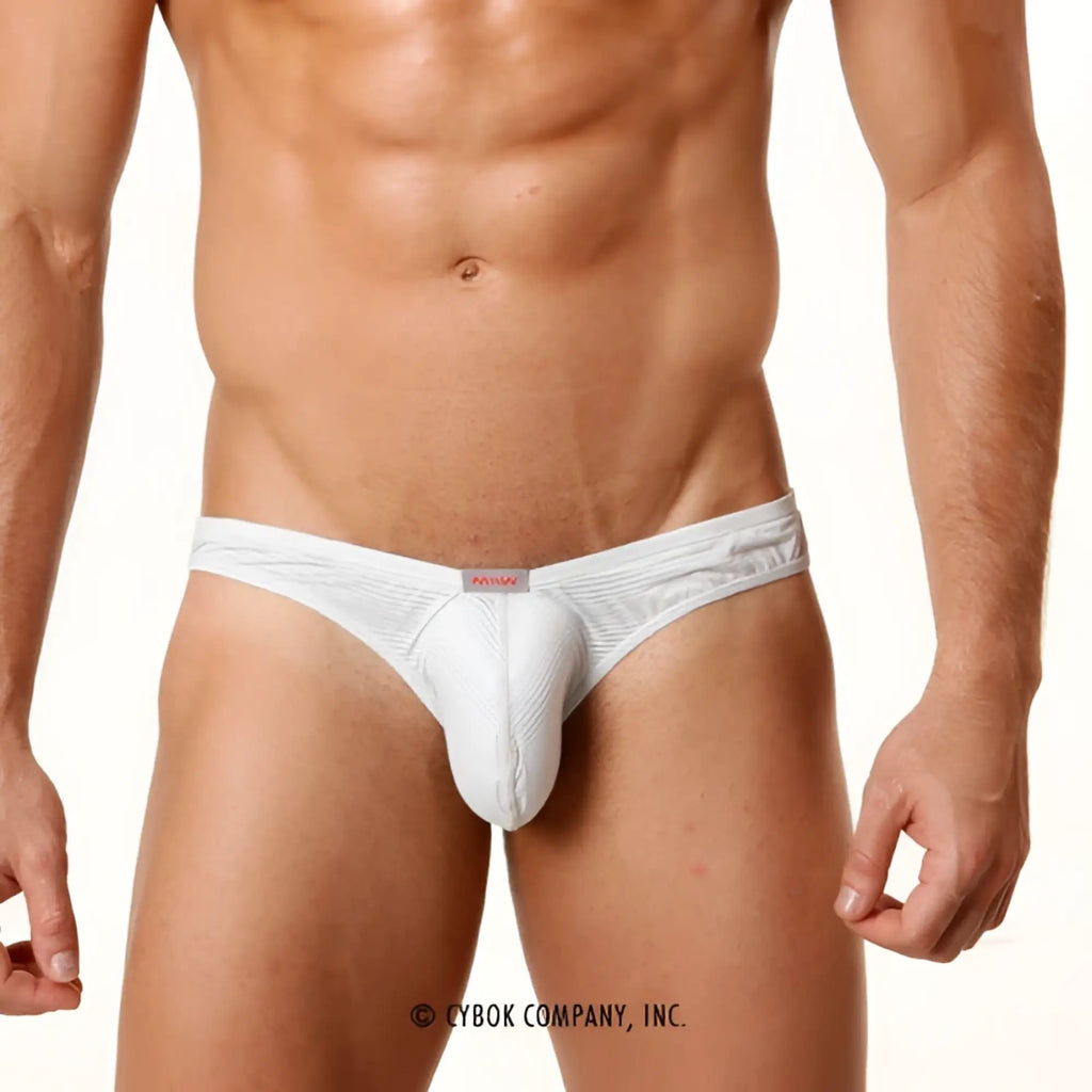 Metro male wear perfect scene askin bikini briefs in white textured fabric with subtle stripes and red brand tag
