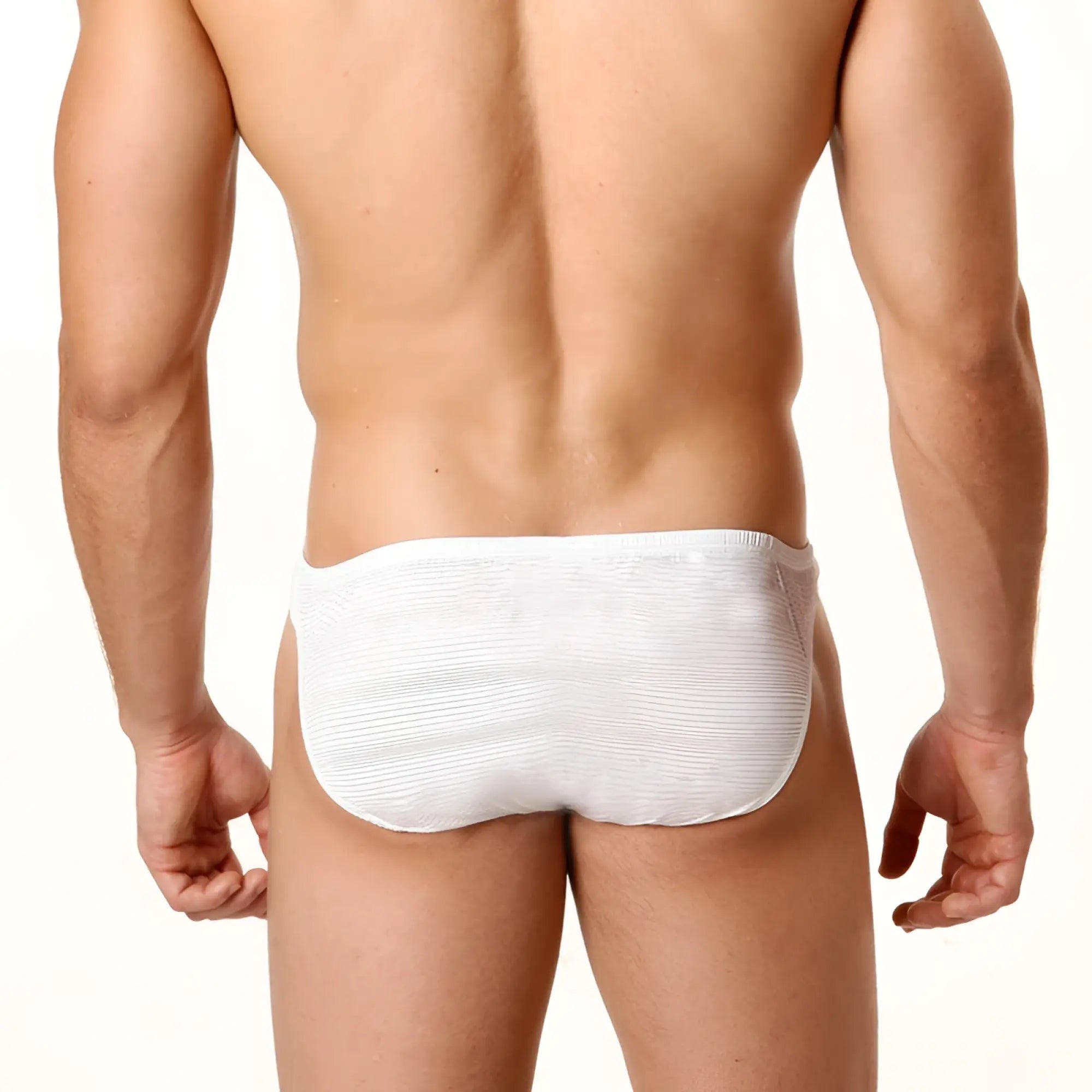White textured briefs microfiber bikini sheer by MetroMaleWear perfect scene in white shown from the back side