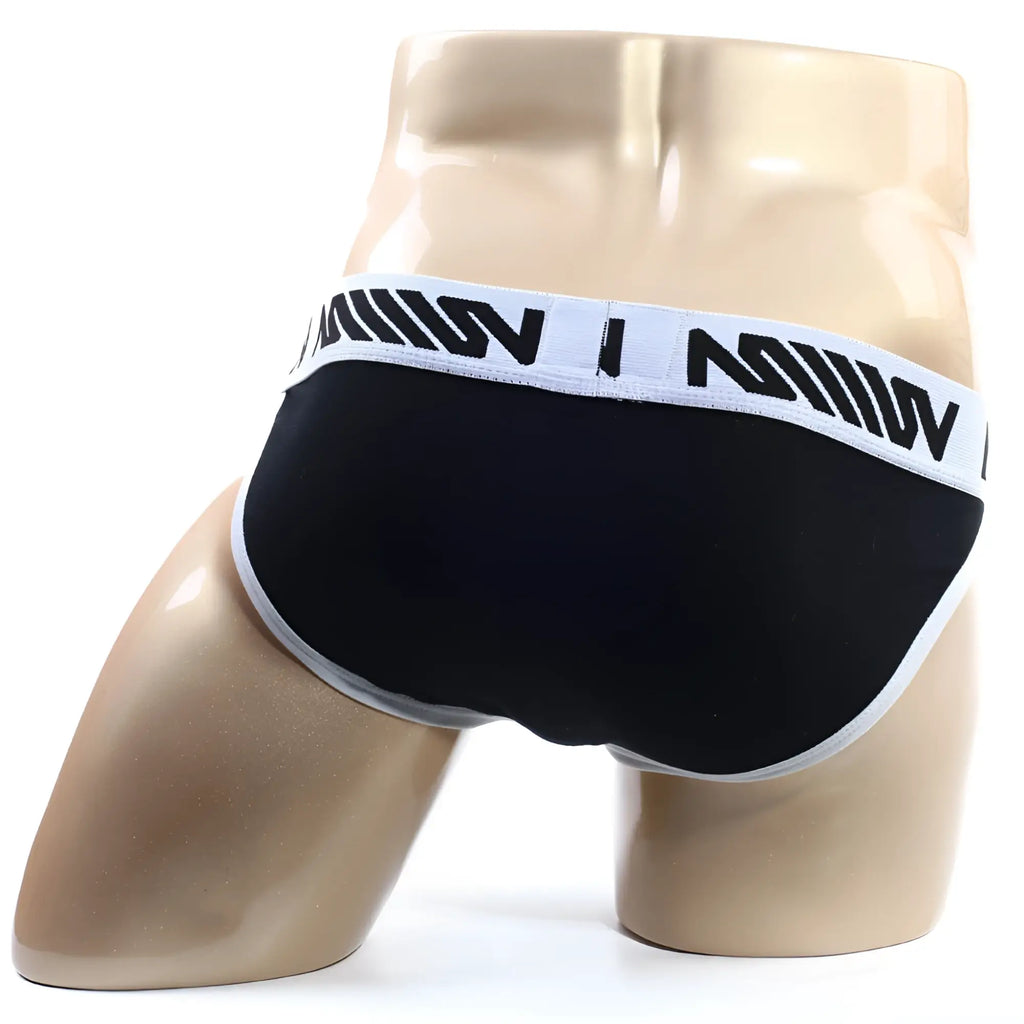 Black briefs with white elastic waistband featuring bold black lettering from metromalewear perfect scene bikini 1004-20