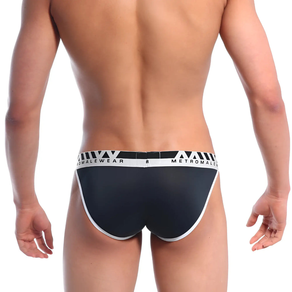Black and white MetroMaleWear Perfect Scene bikini briefs with a sleek form-fitting design and comfortable fabric