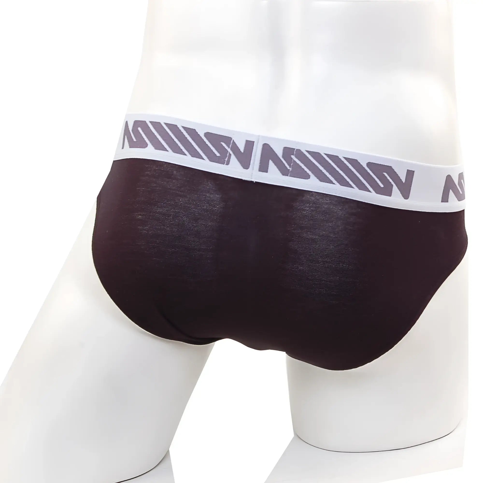 Dark brown briefs with white elastic waistband and gray geometric logo pattern metroMalewear perfect scene hip brief 3pack