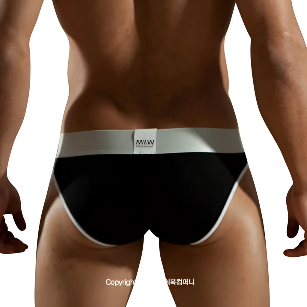 Black briefs with white waistband and trim featuring miw logo on label from MetroMaleWear Perfect Scene Hip Brief 1003-20