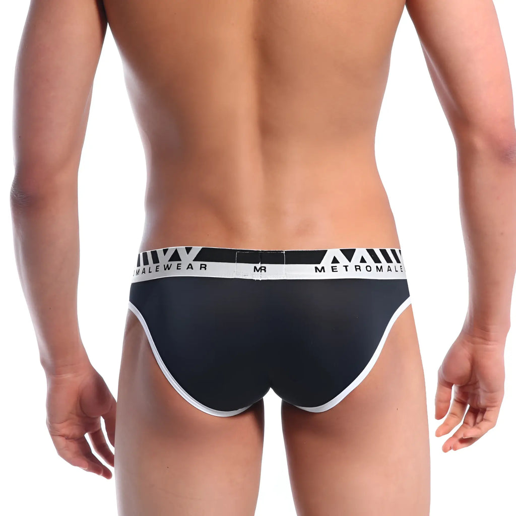 Black mens briefs with white trim and metromale branded waistband metro MaleWear perfect scene hip brief 1003C-20