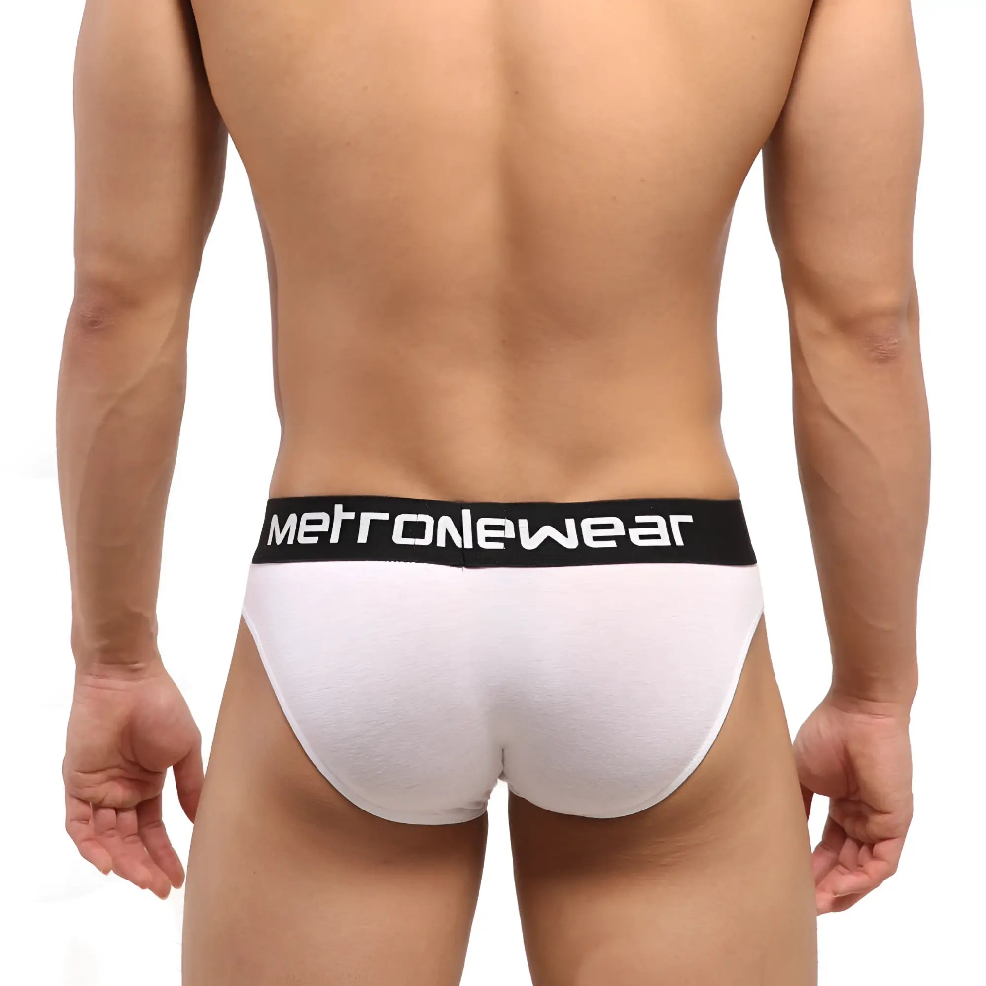 White men’s briefs with a black waistband featuring the metronewear logo in white from MetroMaleWear Perfect Scene collection