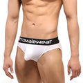 White mens briefs with black waistband and chromalewear logo in white from metromalewear perfect scene hip brief core white1003-01