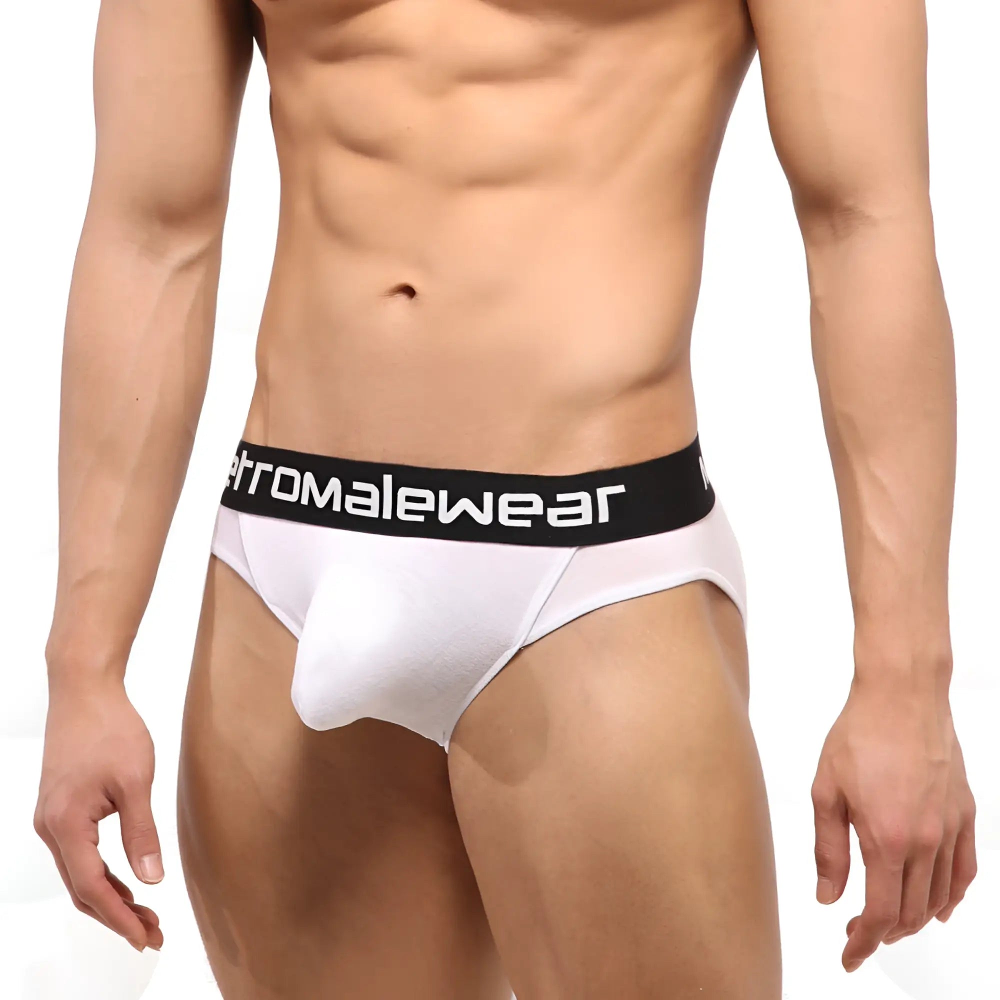 White mens briefs with black waistband and chromalewear logo in white from metromalewear perfect scene hip brief core white1003-01