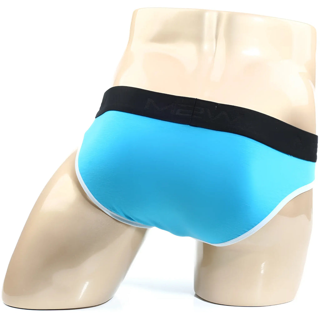 Bright blue MetroMaleWear perfect scene hip brief with black merw waistband and white leg trim in turquoise color