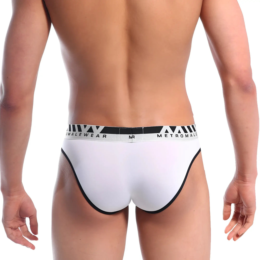 White MetroMaleWear perfect scene hip brief with black trim and branded waistband for men 1003C-00