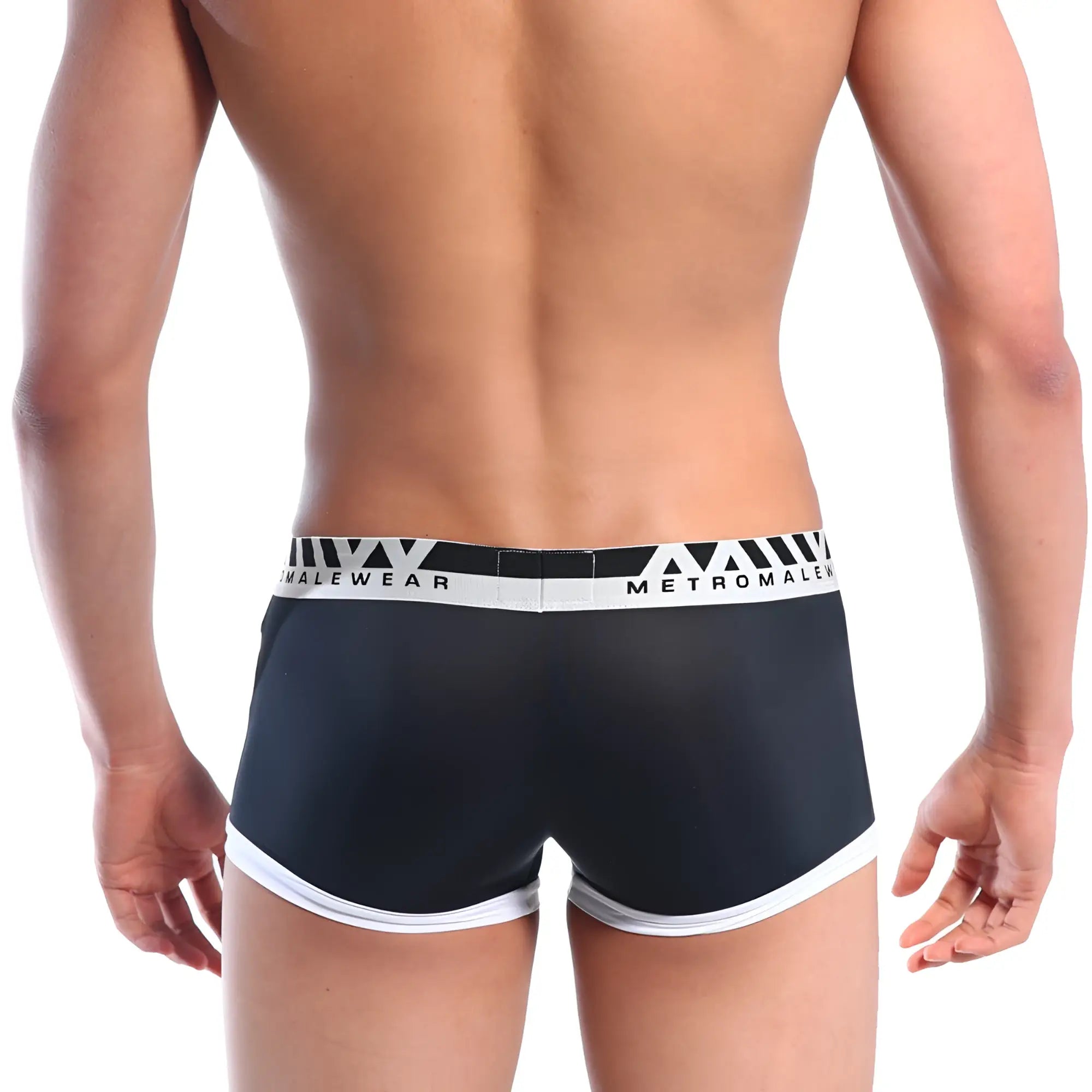 Black mens briefs with white trim and metromale branded waistband metro malewear perfect scene hip contrast trunk black