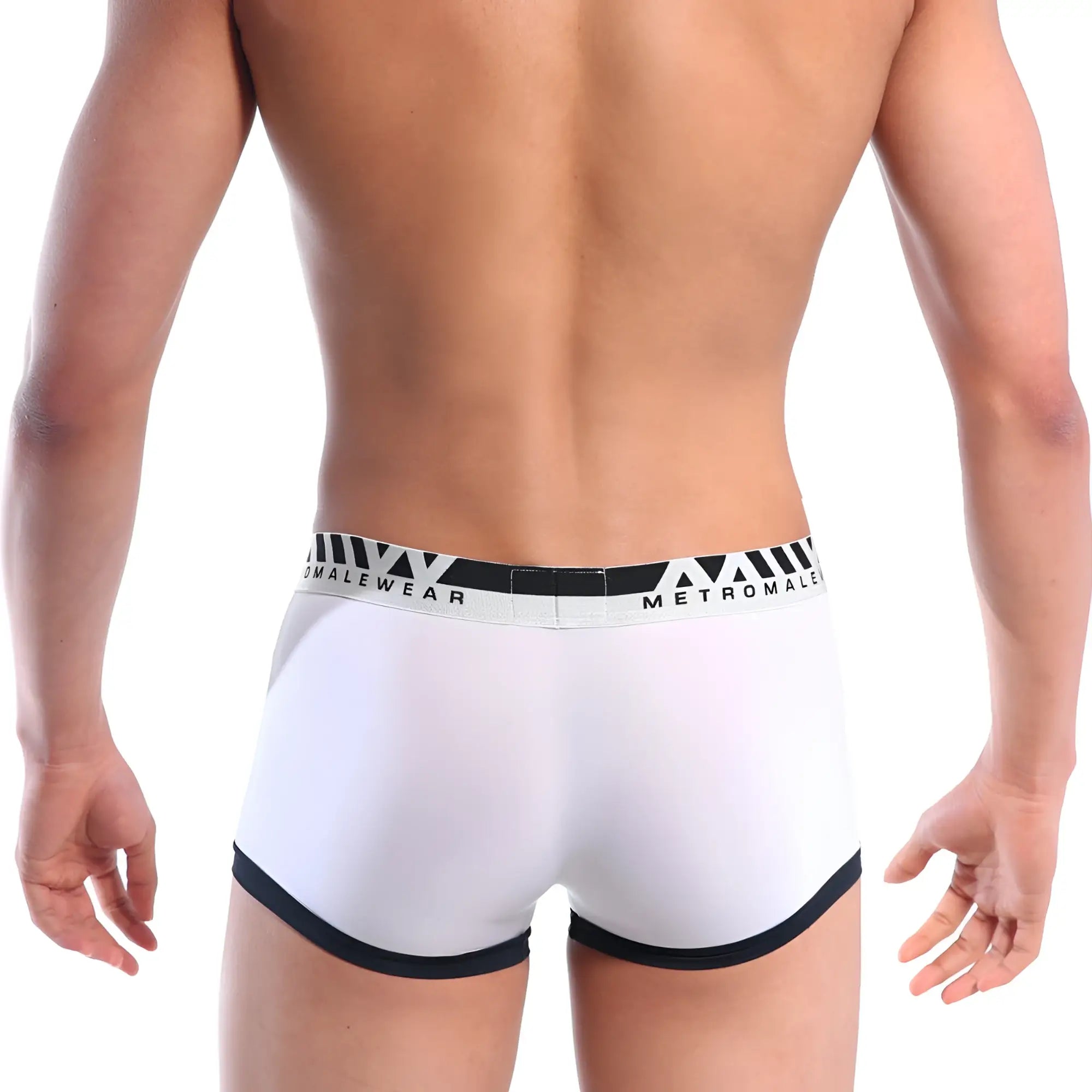 White mens briefs with black trim and metromale logo waistband perfect scene hip contrast trunk white 1013c-00