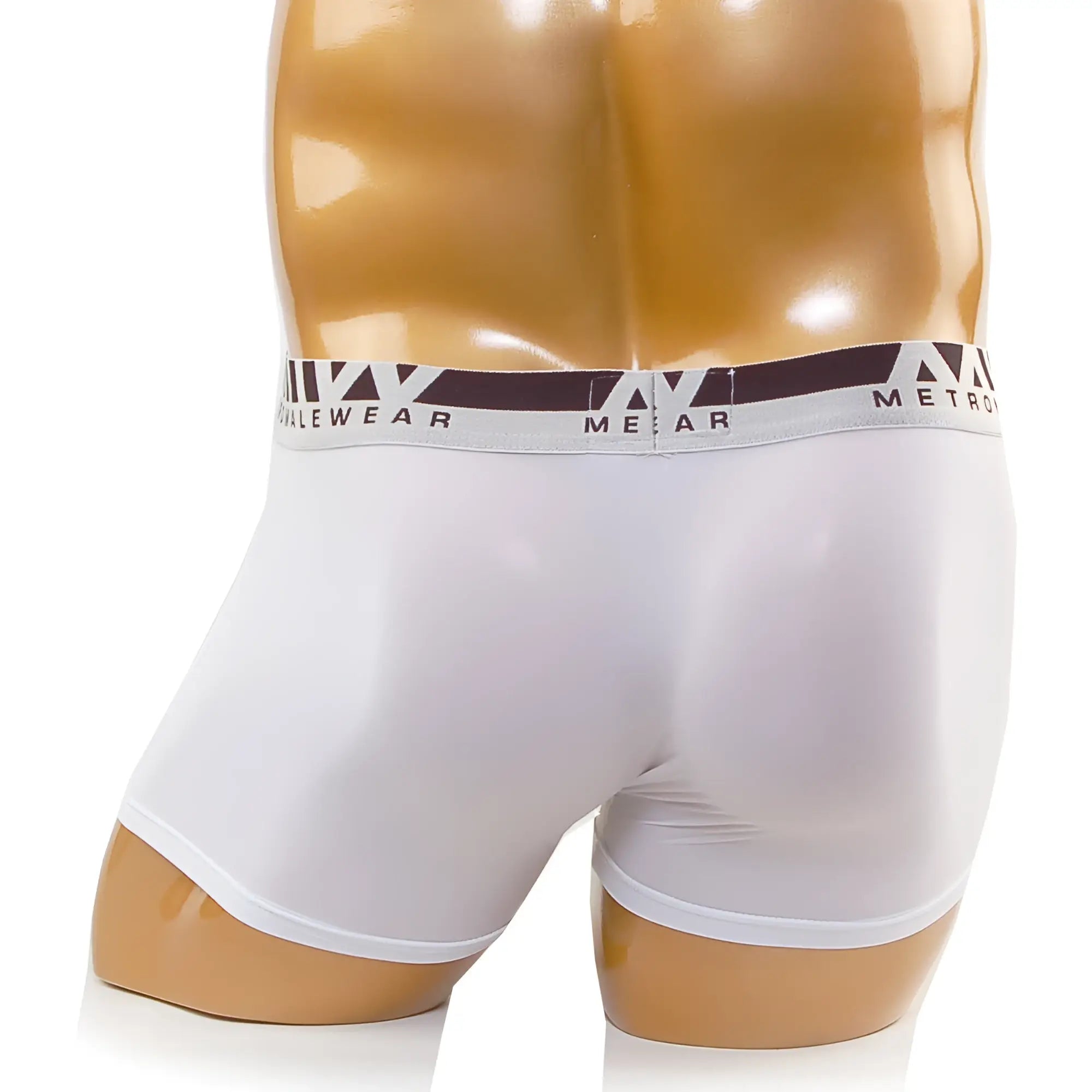 White men’s boxer briefs with a dark brown and white metro elastic waistband from MetroMaleWear Perfect Scene Hip Solid Trunk