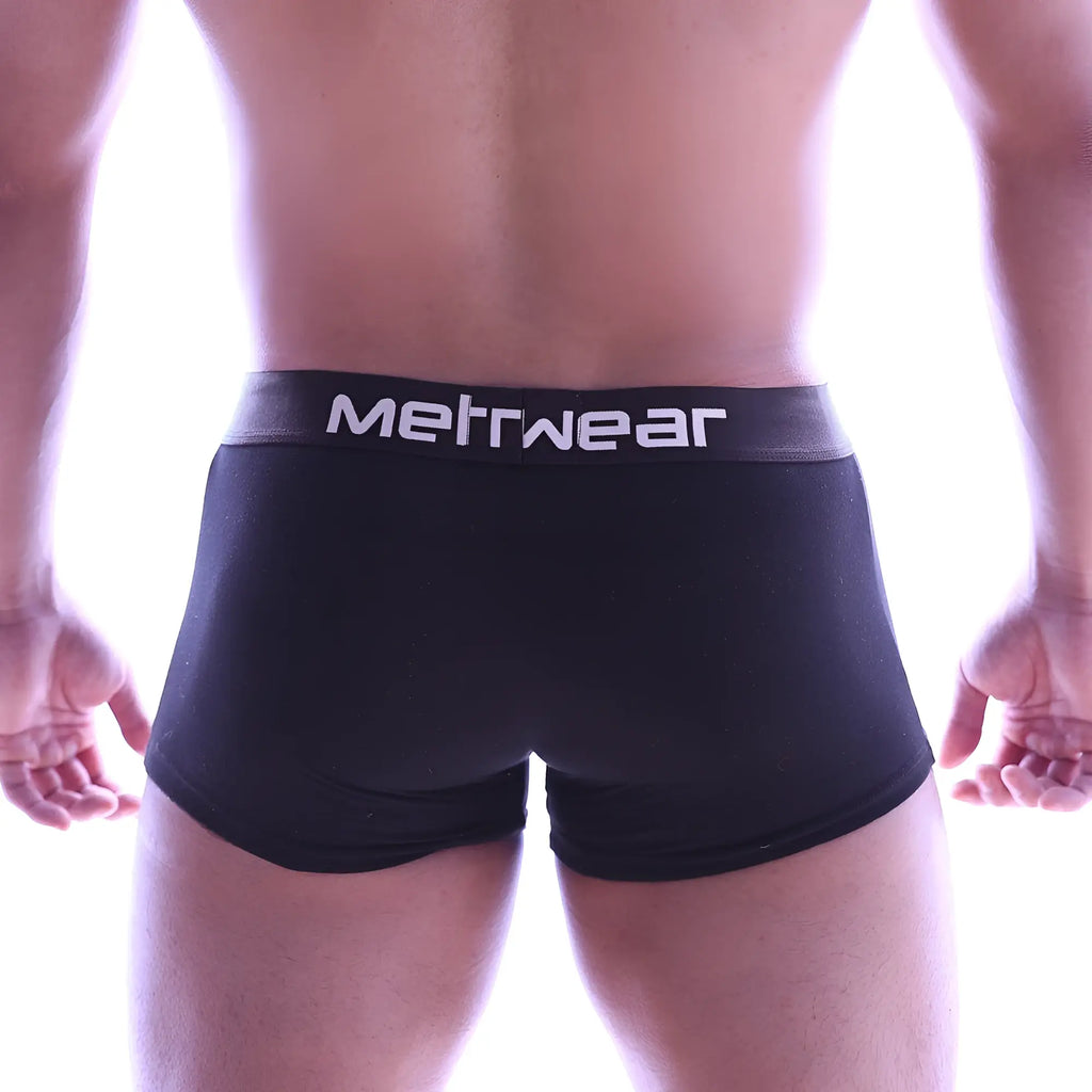 Black MetroMaleWear boxer briefs hip trunk with gray waistband and white lettering perfect for everyday wear