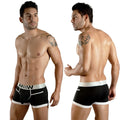 Metro male wear perfect scene hip trunk black briefs with white trim and contrasting silver logo elastic band