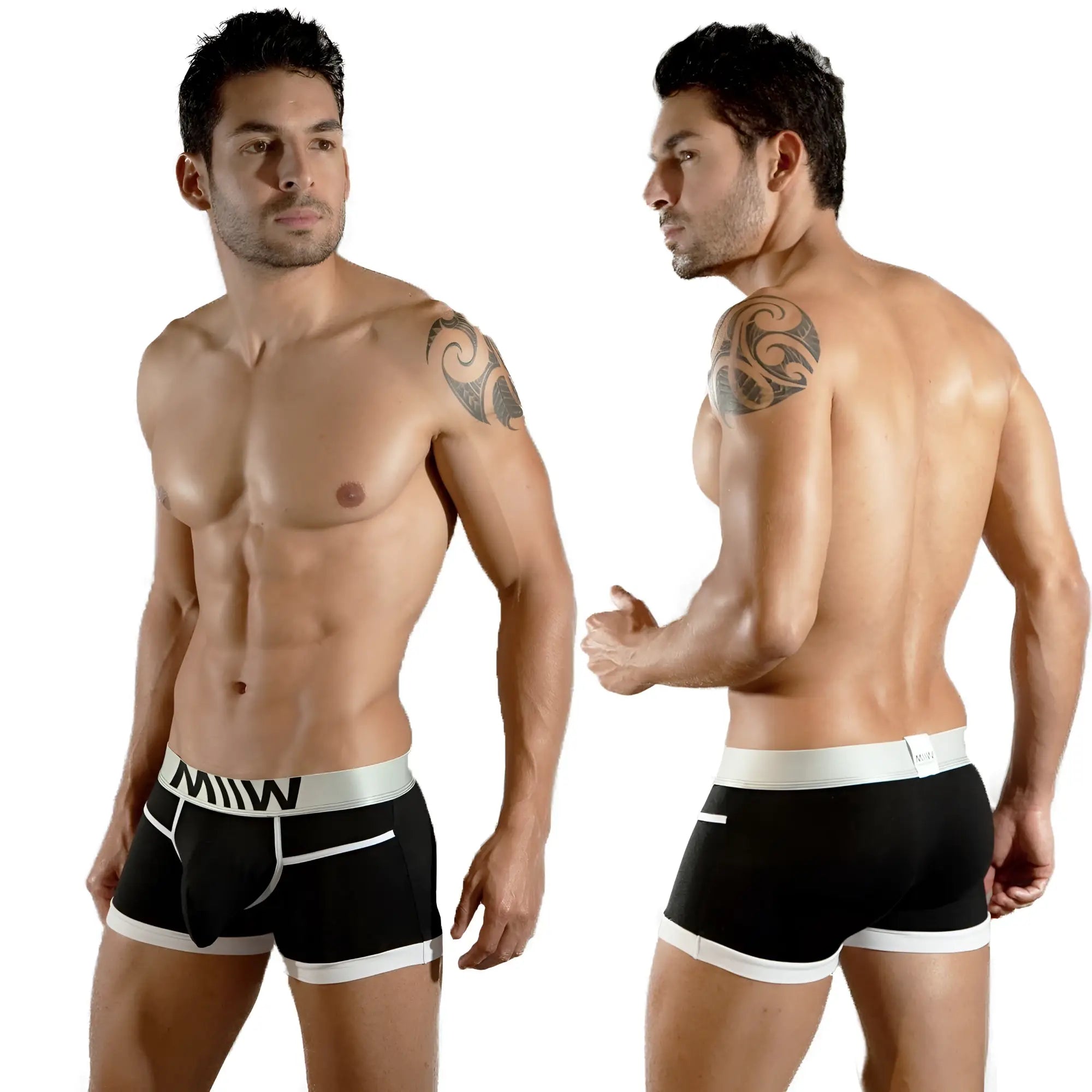 Metro male wear perfect scene hip trunk black briefs with white trim and contrasting silver logo elastic band