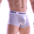 Gray heathered mens boxer briefs with white elastic waistband and dark blue stylized logo by metromalewear