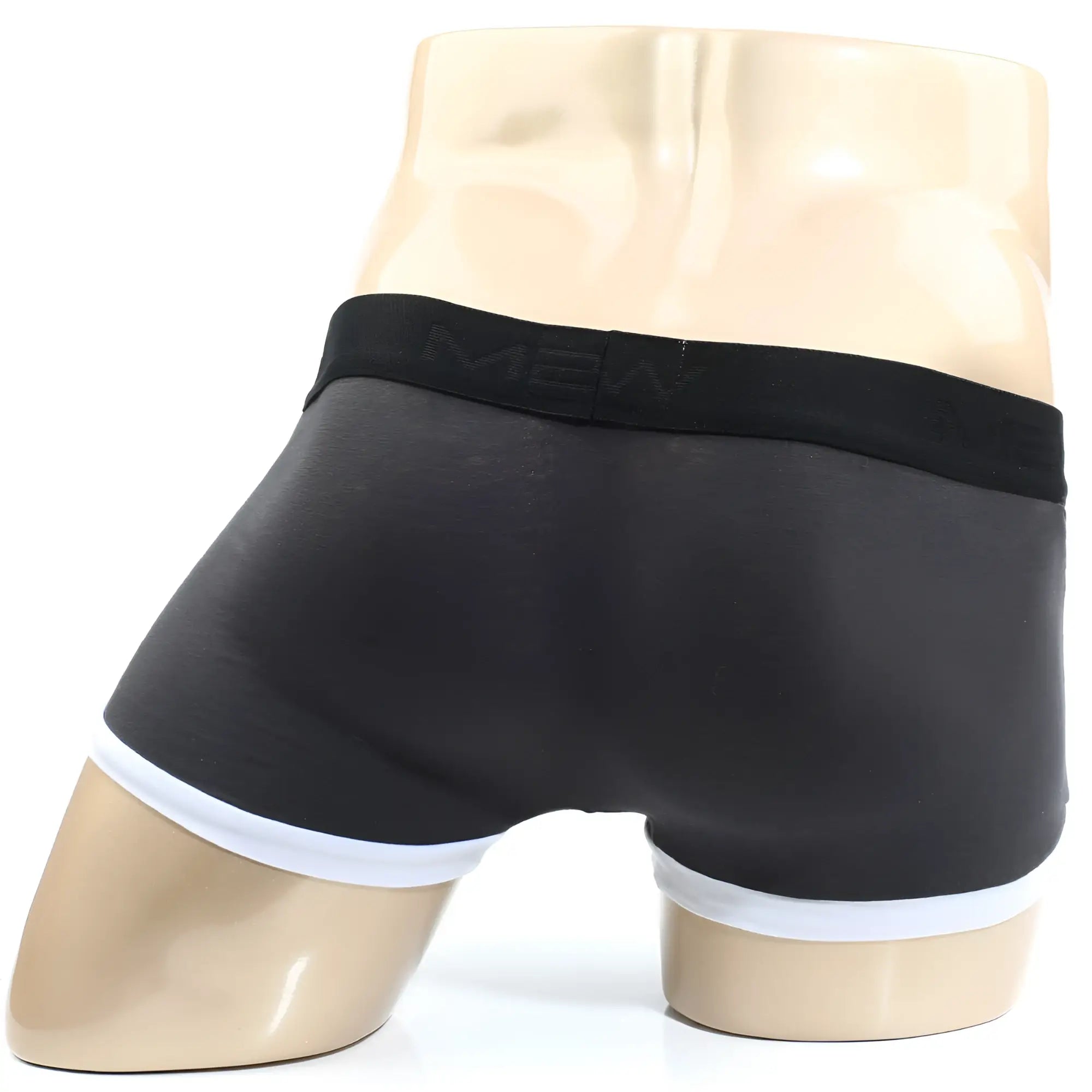 Black briefs with white trim and black elastic waistband featuring the mew logo from MetroMaleWear Perfect Scene Hip Trunk