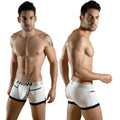 White mens briefs with black trim and bold miw logo waistband from metromalewear perfect scene hip trunk white 1013-00